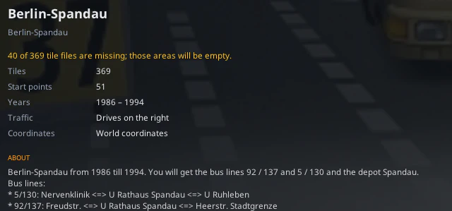 Details for Berlin-Spandau: a warning that 40 of 369 tile files are missing, then 369 tiles, 51 start points, years 1986 to 1994, drives on the right, world coordinates, and the map’s own description.
