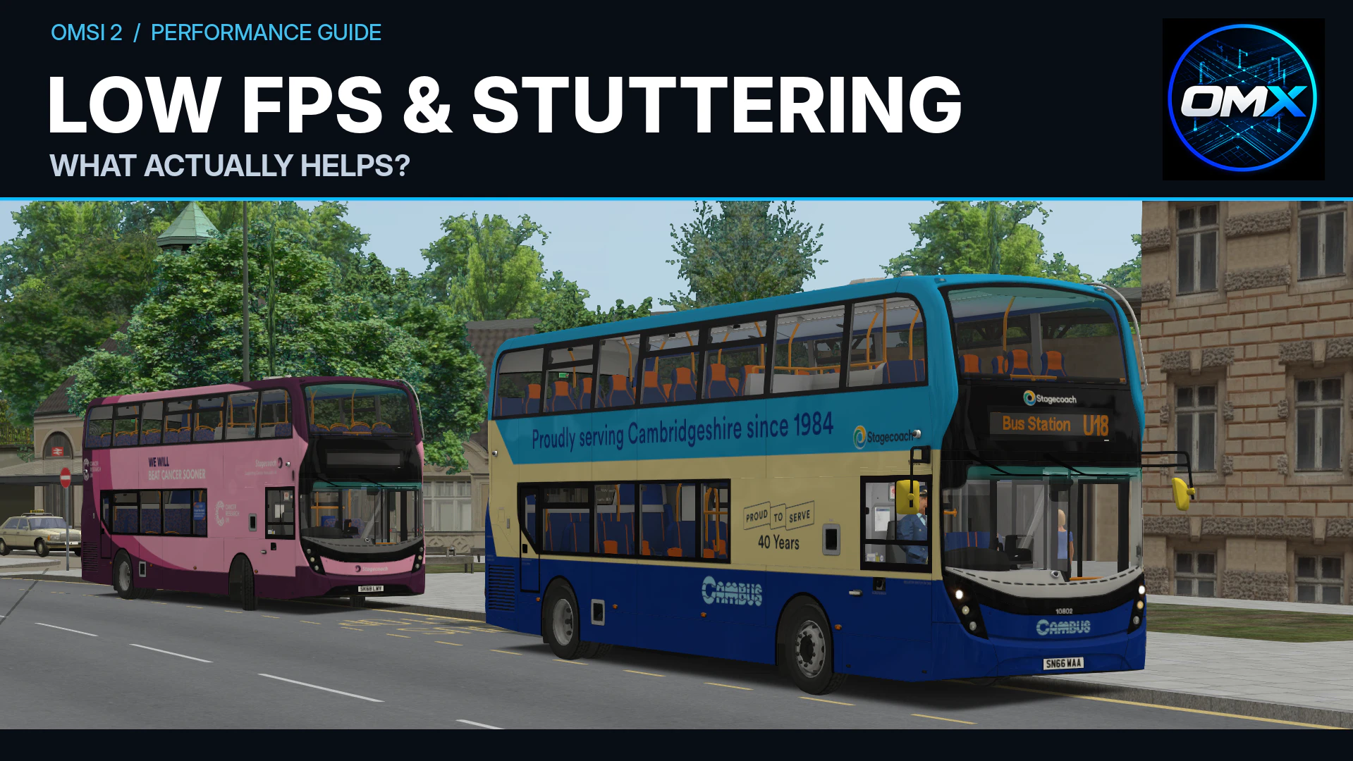 OMSI 2 gameplay screenshot of two Stagecoach buses with the title Low FPS and Stuttering, What Actually Helps? and the OMX logo