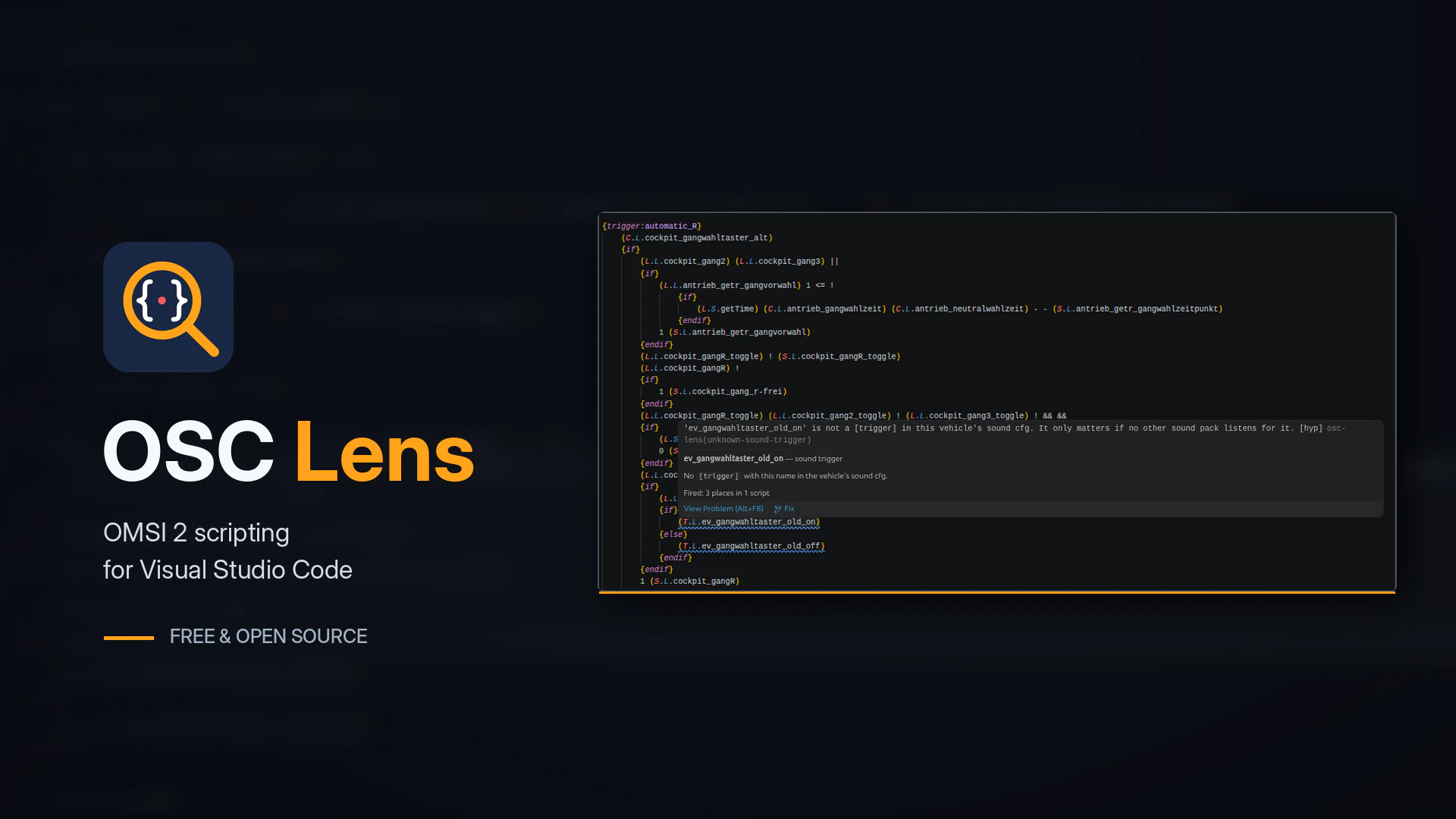 OSC Lens running in Visual Studio Code with OMSI 2 script highlighting and diagnostics