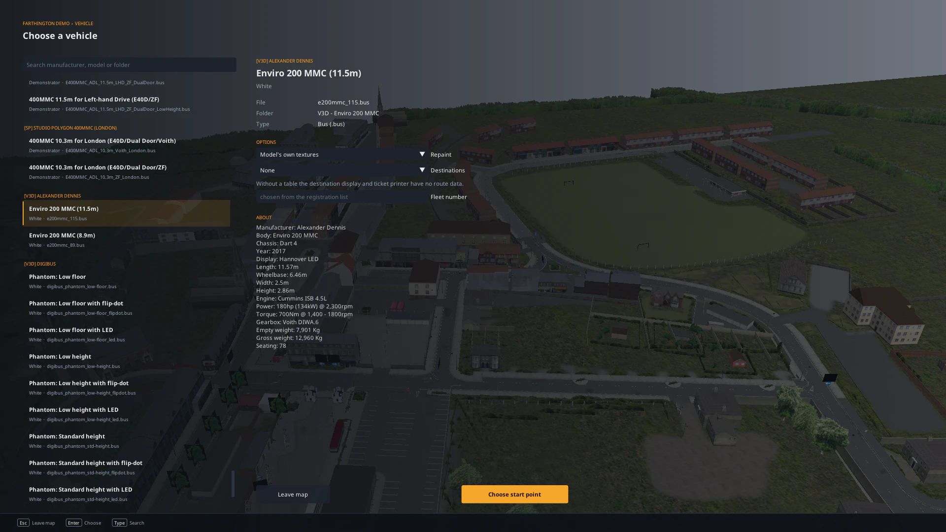 The OMX vehicle picker. Buses are listed under headings such as V3D Alexander Dennis, Studio Polygon 400MMC London and V3D Digibus. The Enviro 200 MMC 11.5 m is selected and its details are shown on the right.